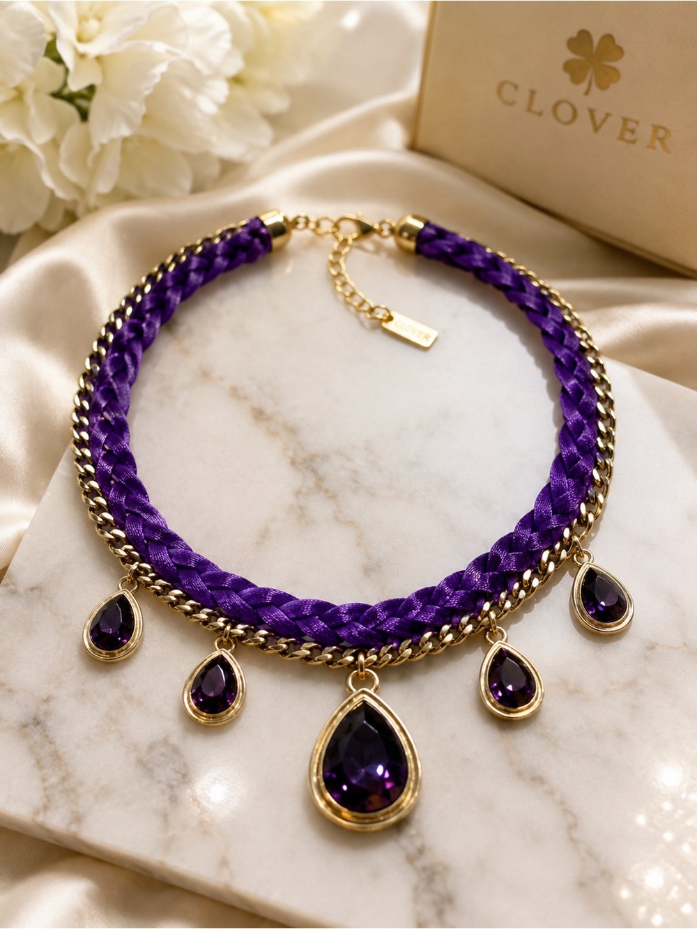 Clover brand Modern Gold and Purple Teardrop Pendant Statement Necklace